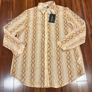 New NWT Pretty Little Thing Orange Shirt Snake Print Semi Sheer Button Down US 8